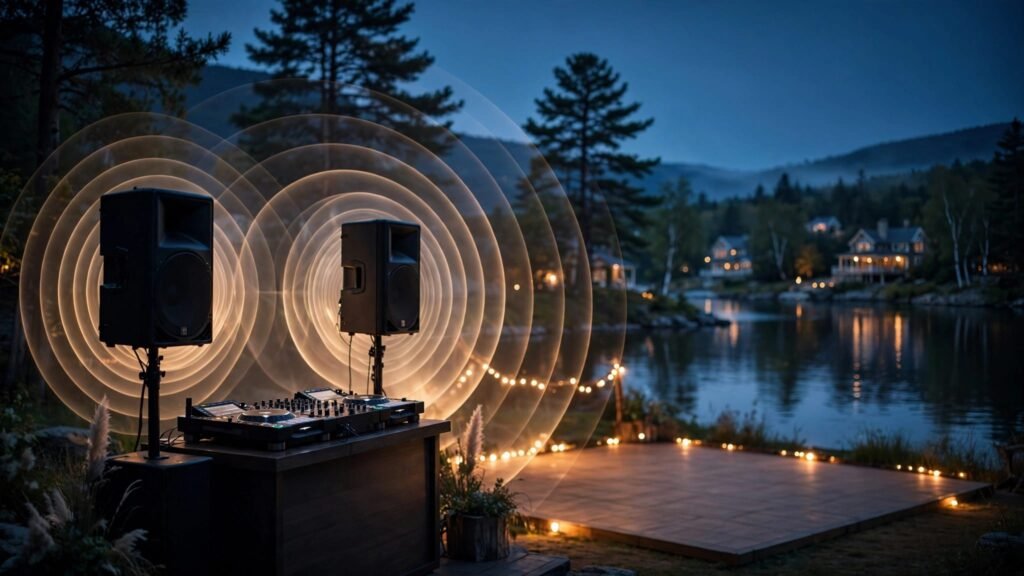 A DJ setup beside a lit lakeside dance floor with sound waves fading near homes.