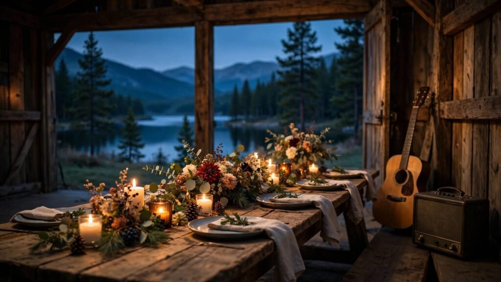A candlelit dinner table in a rustic barn with flowers, a guitar, and mountain views.