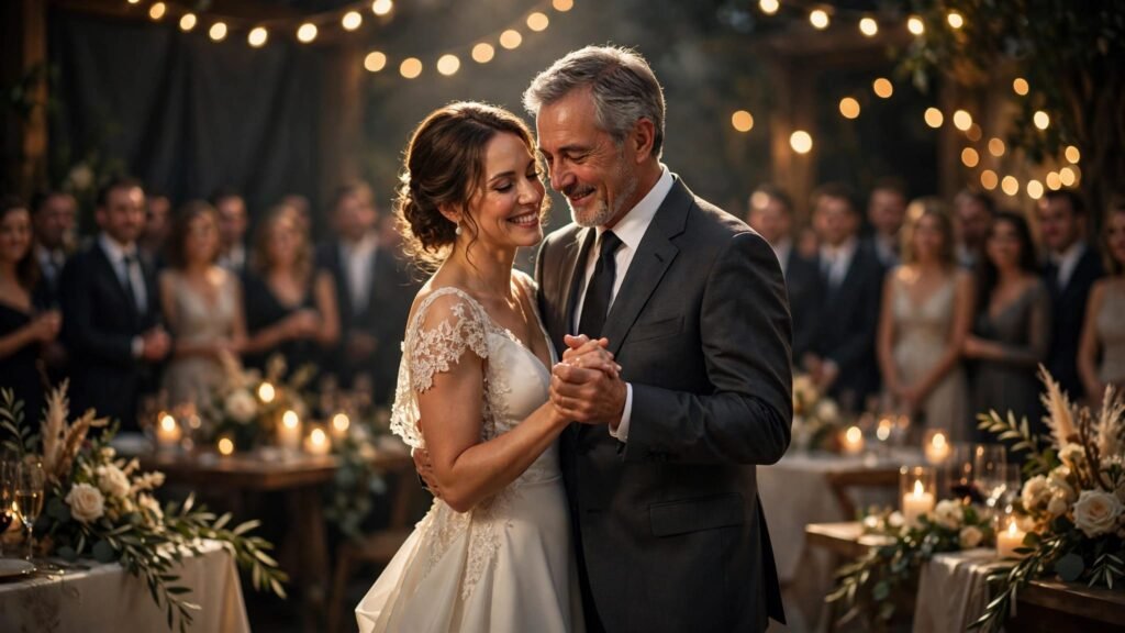 A bride and her father share a warm dance beneath glowing reception lights.