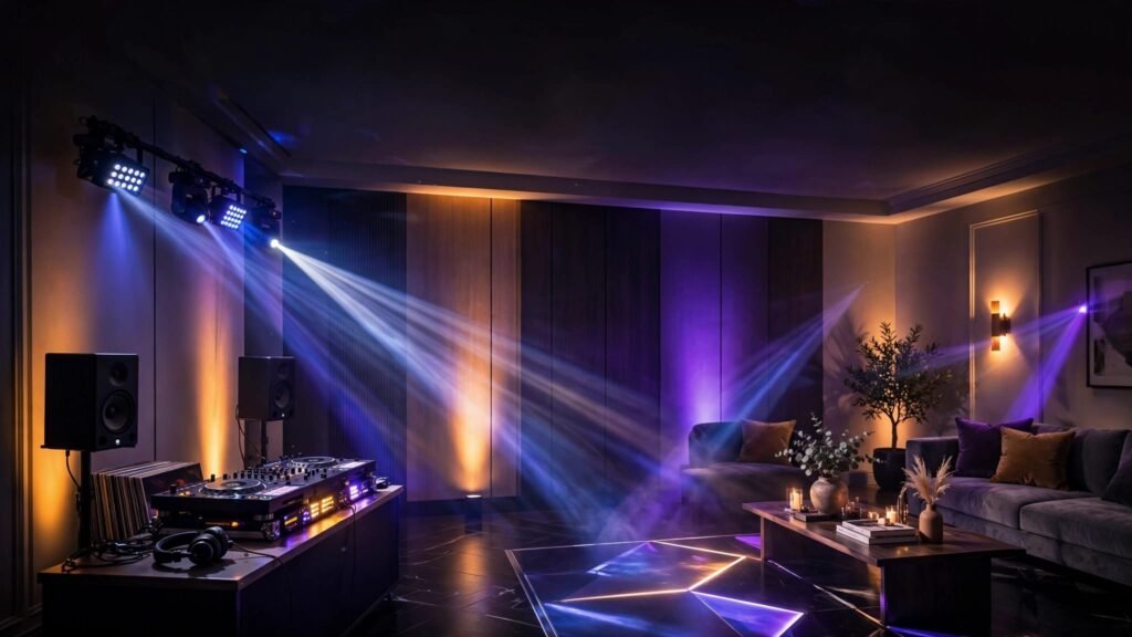 DJ lights cast amber, violet, and blue colors across a private party dance floor.