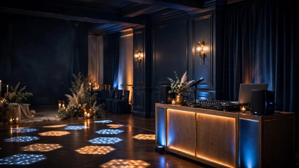 DJ equipment beside a blue and amber dance floor in an elegant venue.