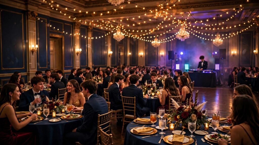 A formal DJ works at a console while students dine in a warmly lit ballroom.