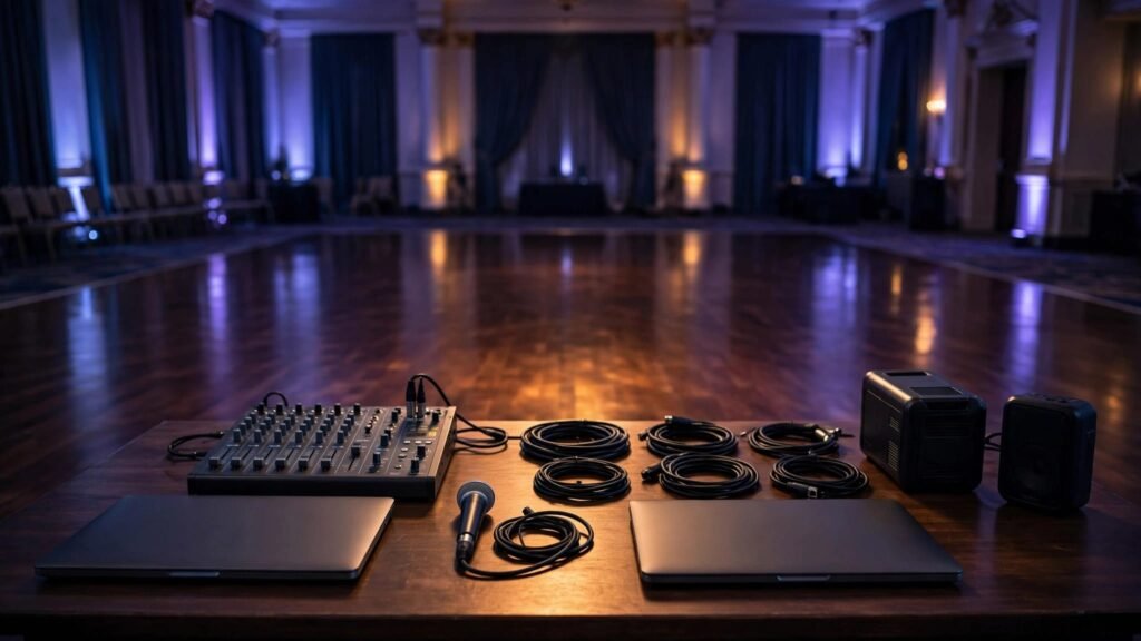 Prom DJ Contingency Plan for Equipment Problems A prom DJ booth with backup gear beside an empty dance floor.