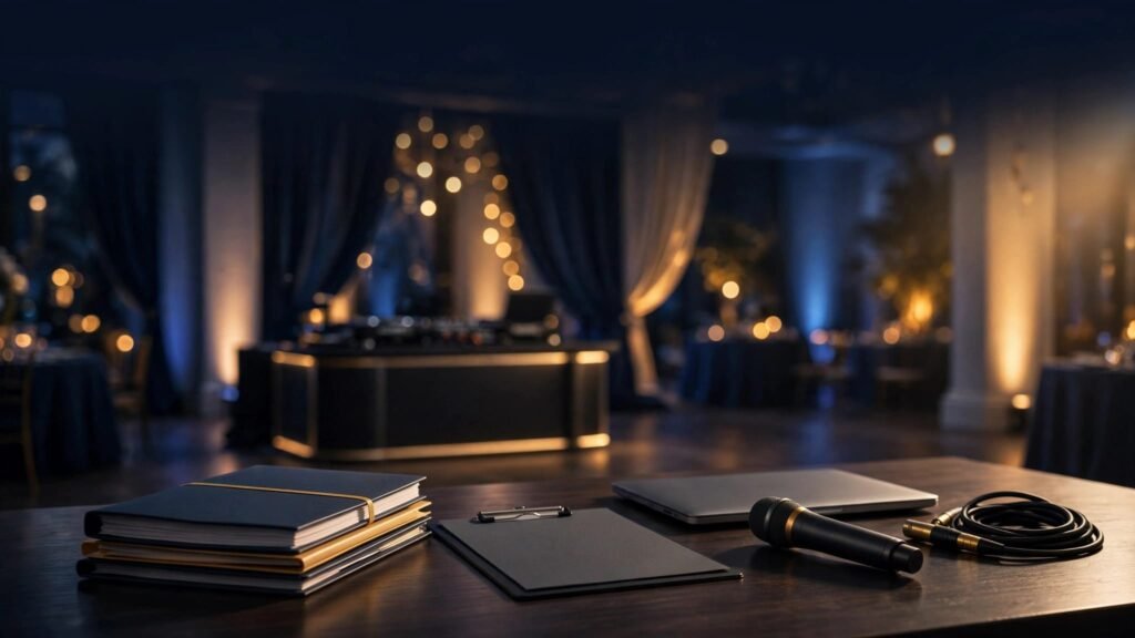 Prom DJ documents and equipment arranged on a conference table before a colorful event venue.