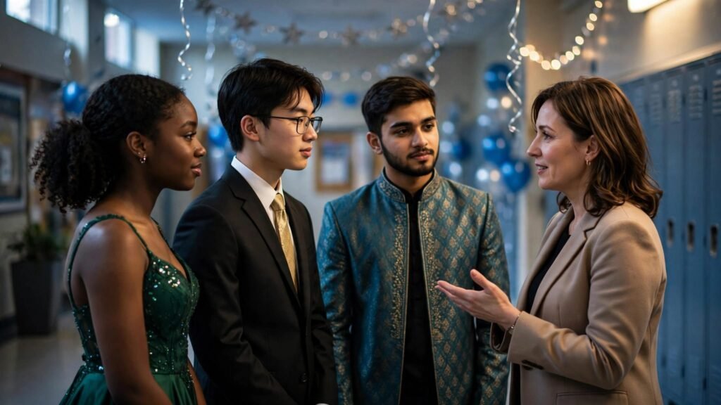 A counselor talks with three students in formal prom attire.