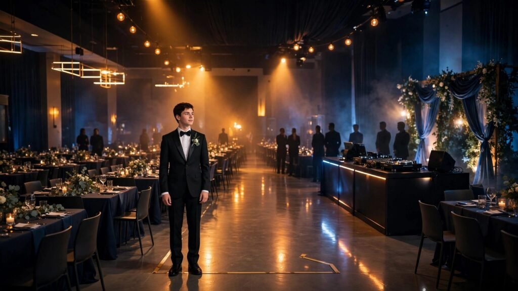 A student in formalwear stands at the start of a decorated prom entrance route.