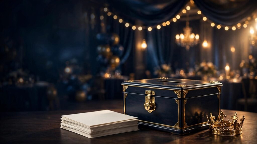 Prom Royalty Voting for New Hampshire Schools A ballot box, blank cards, and gold crown sit before a glowing prom ballroom.