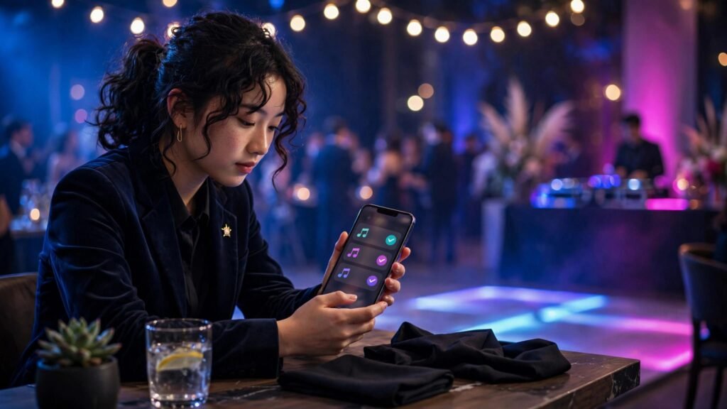 Prom Song Request Form Questions Students Will Answer A student in formalwear reviews song requests on a smartphone at a prom venue.