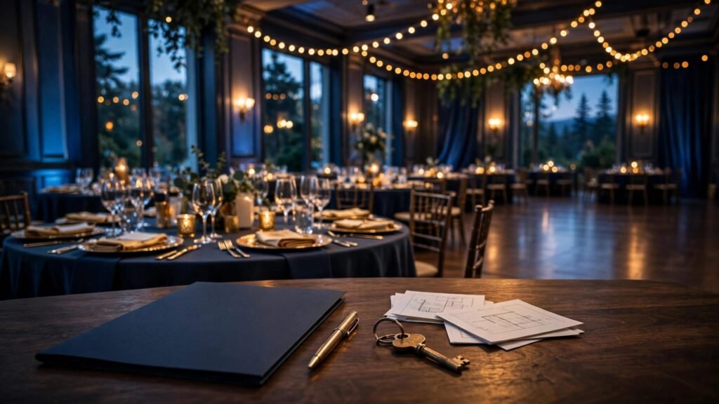 A ballroom and table display prom planning materials.