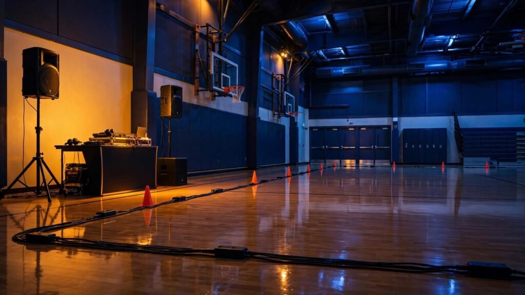 A school gym with a DJ booth, speakers, covered cables, and clear exit paths.
