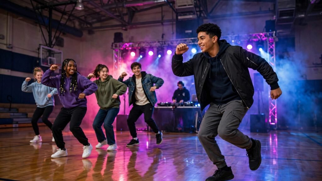 School Dance Crowd Games That Work With a DJ Students mirror a dancer’s pose during a colorful school gym dance.