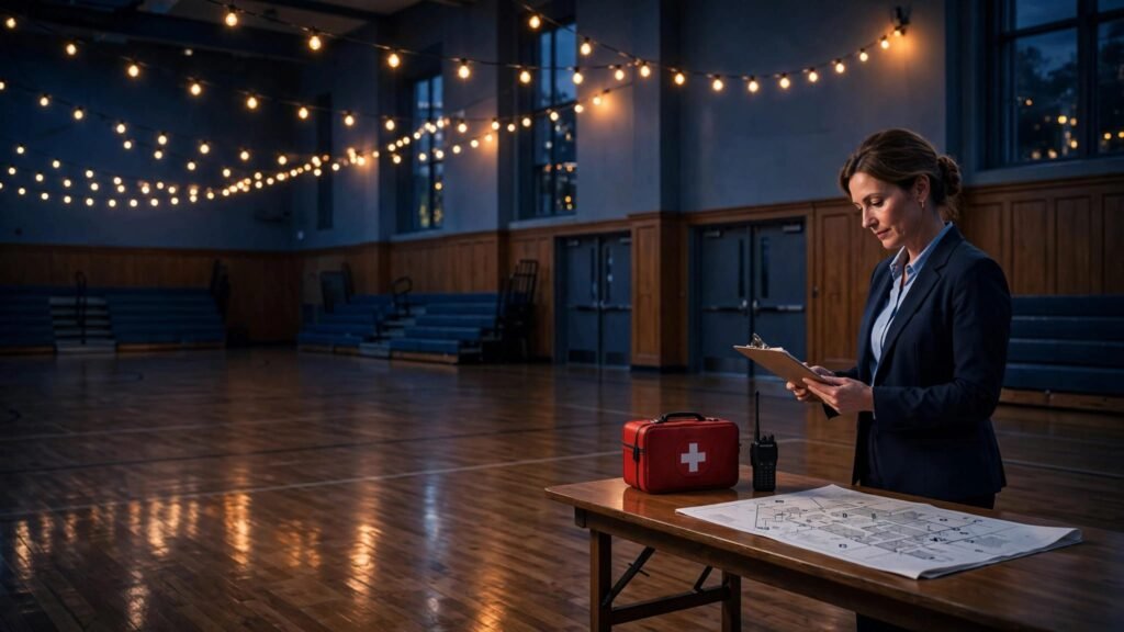 Administrator reviewing a clipboard beside emergency supplies in a decorated school gym.