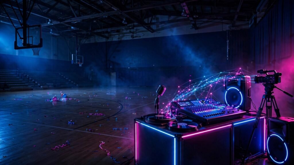 A DJ booth and video camera sit in an empty, colorful school gym.