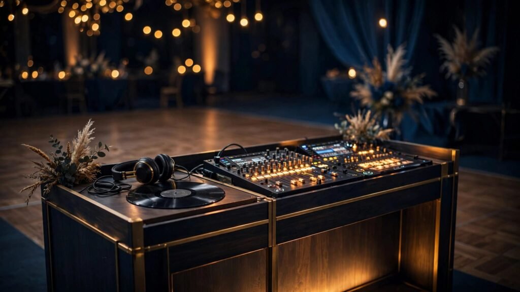 Shared Wedding Playlist: How to Blend Different Tastes A wedding DJ booth with a mixer, headphones, and vinyl record under warm lights.