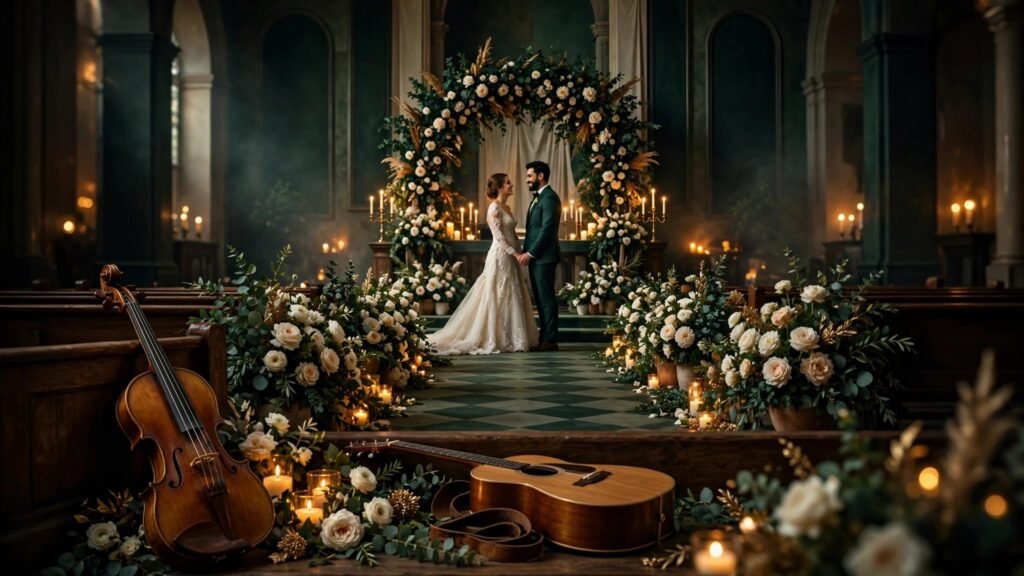 Wedding Ceremony Songs That Tell Your Story Bride and groom hold hands beneath a candlelit altar, with instruments beside the flower-lined aisle.