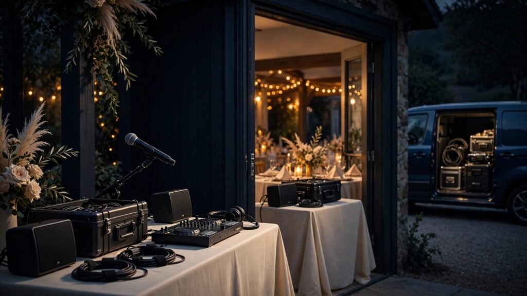 DJ equipment connects a ceremony space with a warmly lit reception venue.