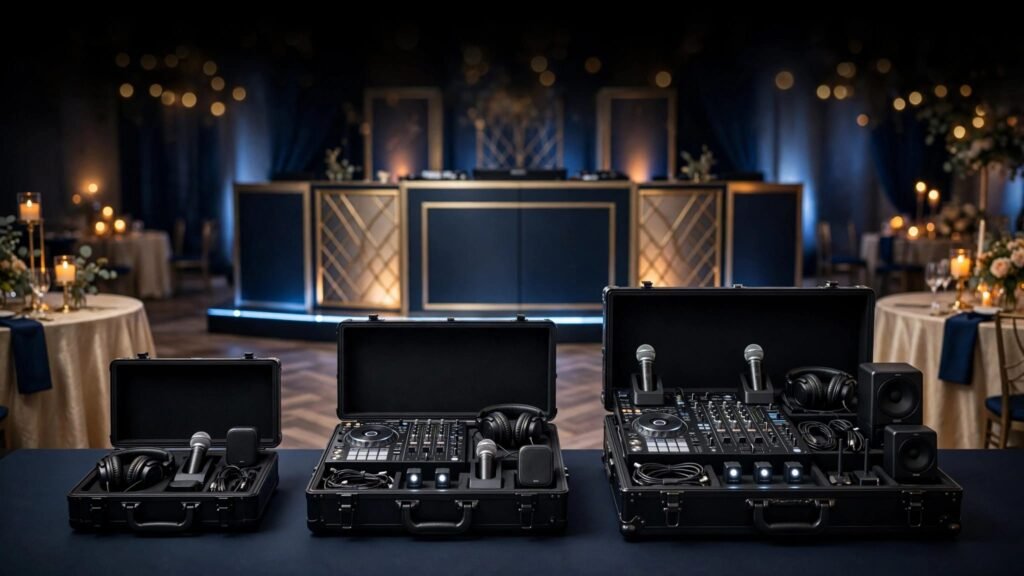 Wedding DJ Packages Compared: What Each Service Level Includes Wedding DJ equipment arranged in tiers beside a warmly lit reception space.