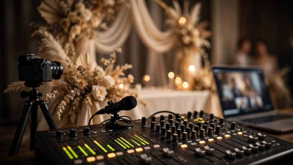 Wedding livestream equipment with microphones, camera, mixer, and laptop near a warmly lit altar.