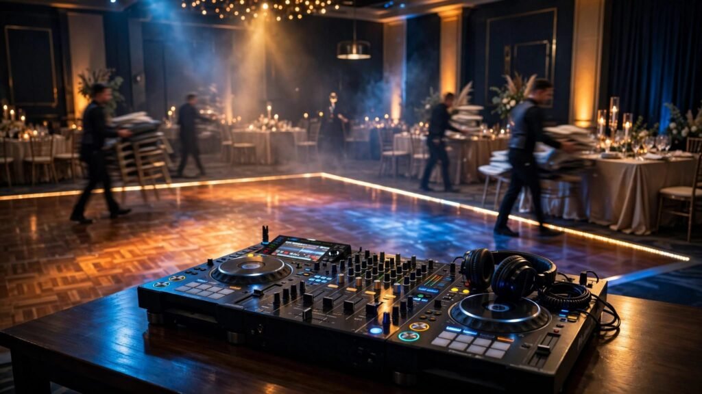 A DJ console overlooks a dance floor while staff reset wedding tables.