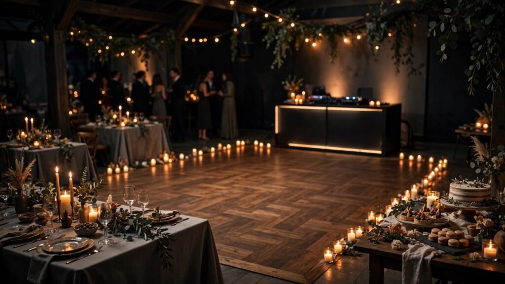 An open dance floor beside candlelit tables and a softly lit DJ booth.
