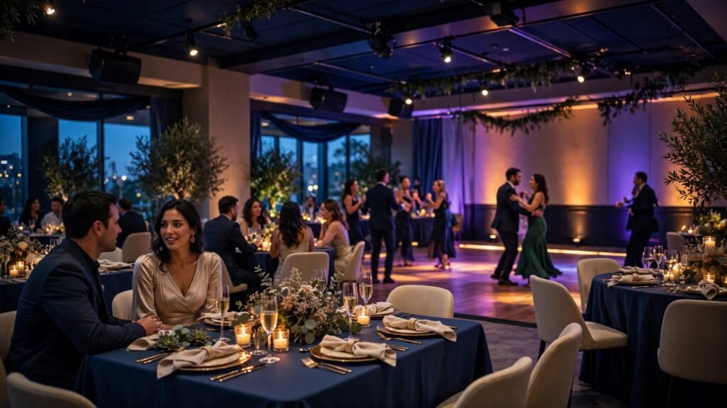Candlelit wedding tables sit near a colorful dance floor with guests and ceiling speakers.