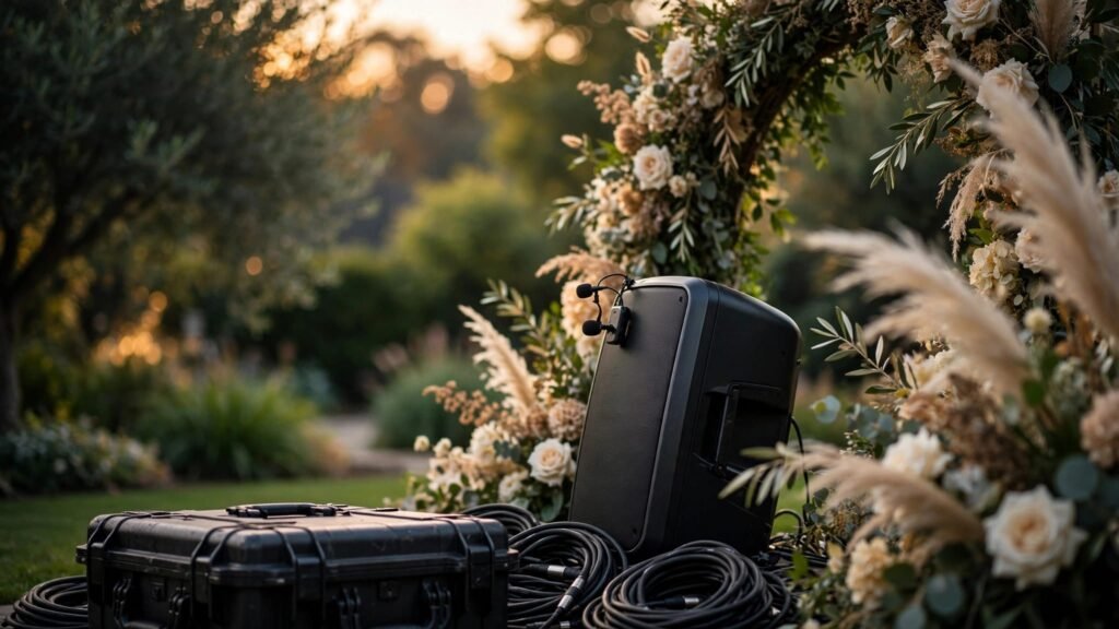 Wedding Sound Checklist for Clear Ceremony Audio Wedding microphone and speaker beside a floral arch with cables and backup power.
