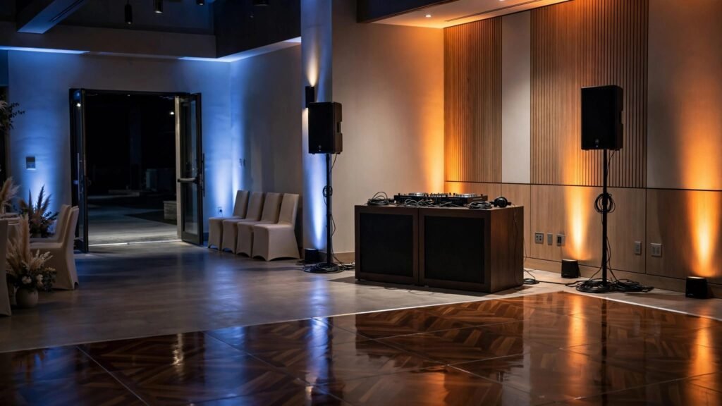 Wedding reception space with a DJ booth, speakers, cables, and a clear access path.