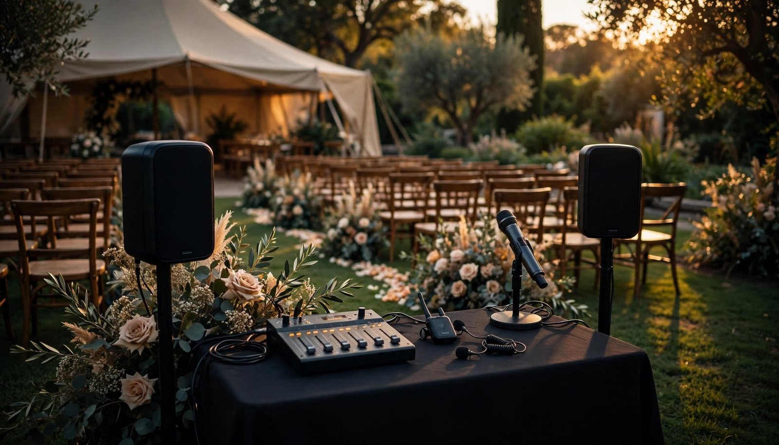 Wedding audio equipment arranged beside garden chairs and a reception tent.
