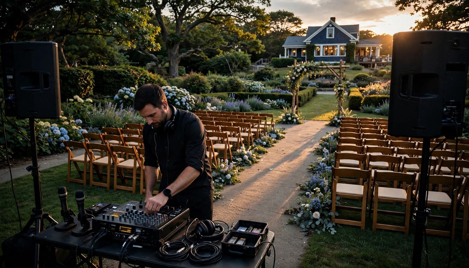 A wedding DJ prepares speakers and microphones beside an outdoor garden ceremony aisle.
