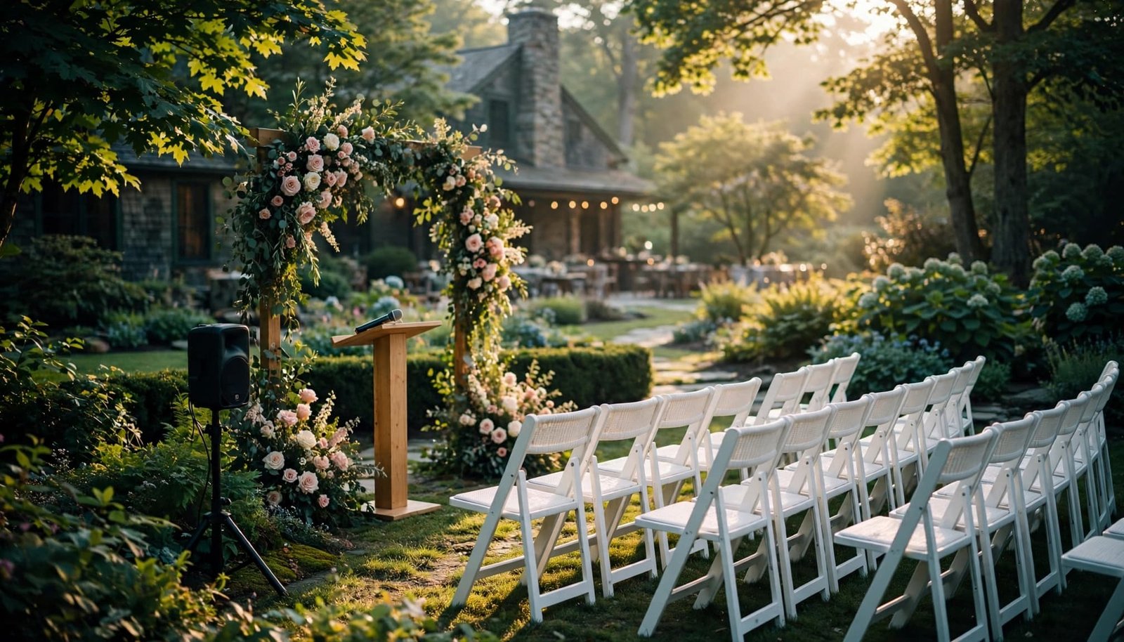 A speaker and microphone stand beside empty chairs facing a floral arch.