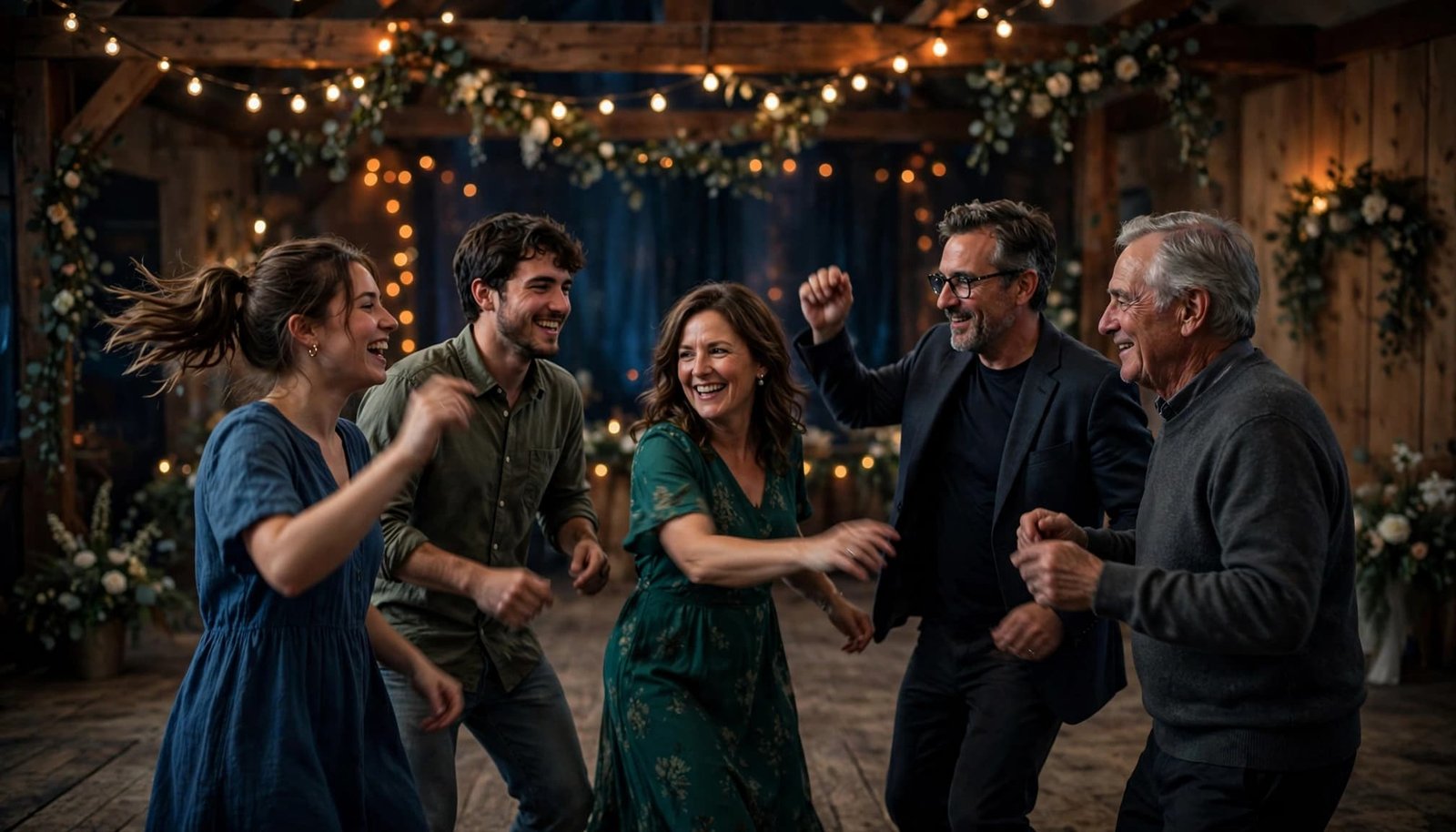 Five wedding guests of different ages dance beneath warm string lights.