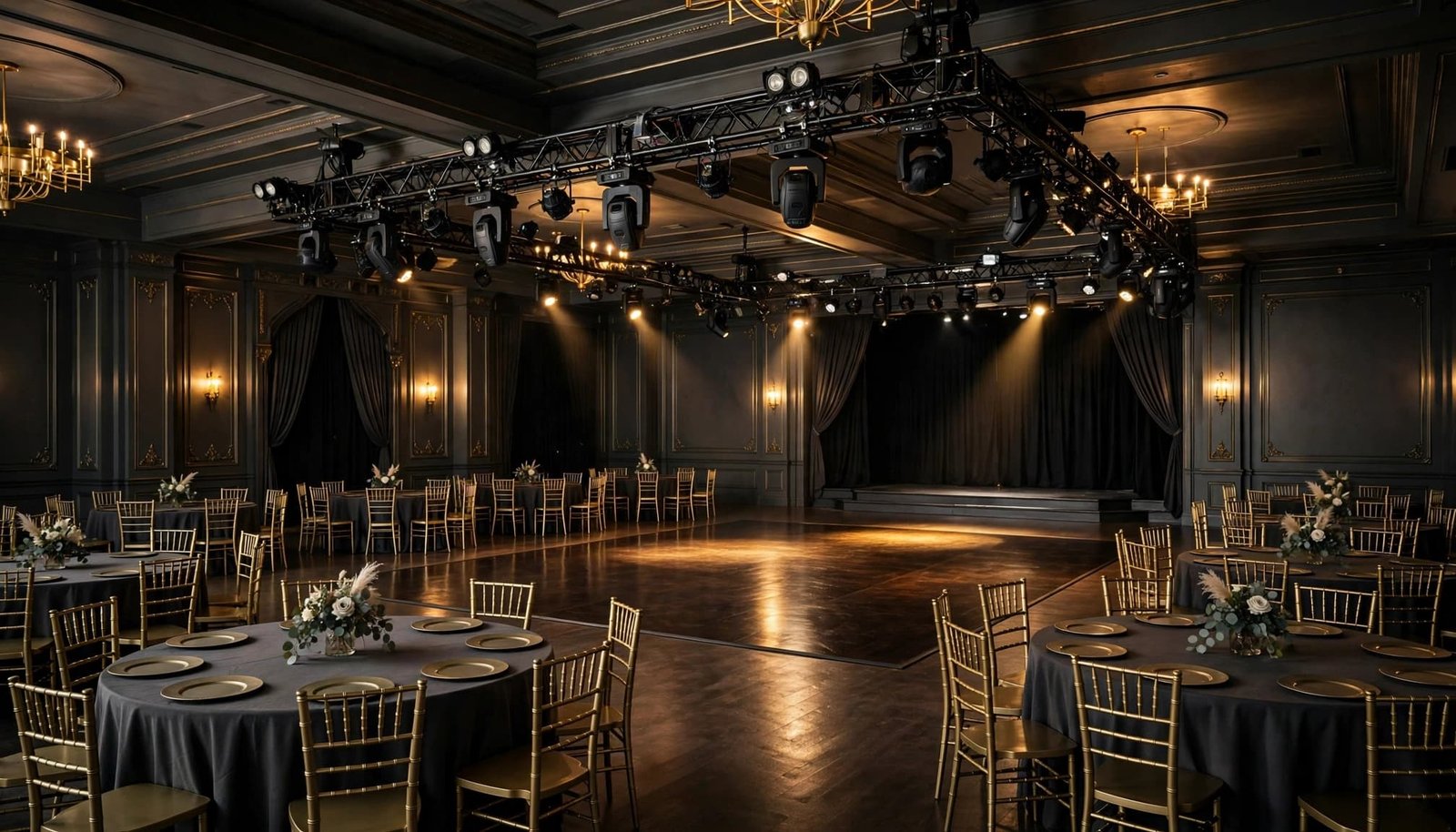 Prom Cancellation Policy Template for School Committees An empty prom ballroom with decorated tables, an open dance floor, and overhead lights.