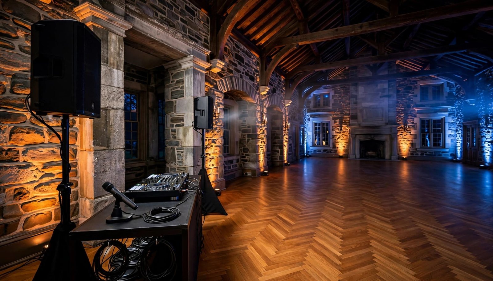 DJ equipment and speakers stand beside a dance floor in a warmly lit historic reception room.