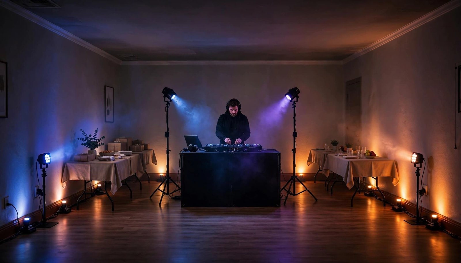 A DJ booth and colorful lights frame an open home dance floor.