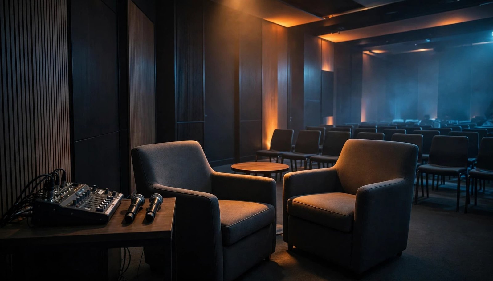 Two chairs and a small table sit in a warmly lit conference room, with microphones and a mixer nearby.