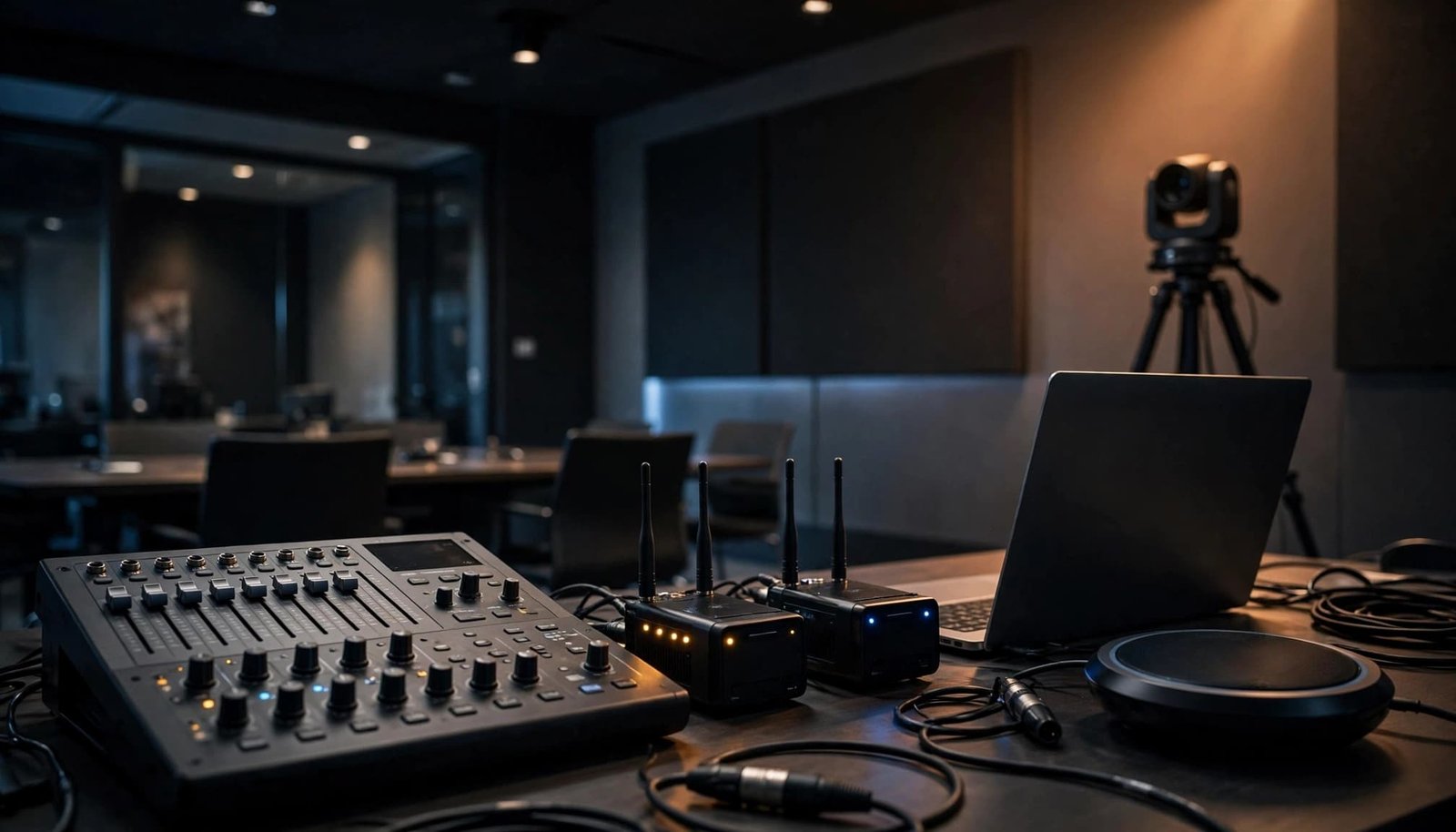 Breakout Room Audio for Corporate Events and Concurrent Sessions Audio equipment, one laptop, a speakerphone, and a camera arranged on a conference table.