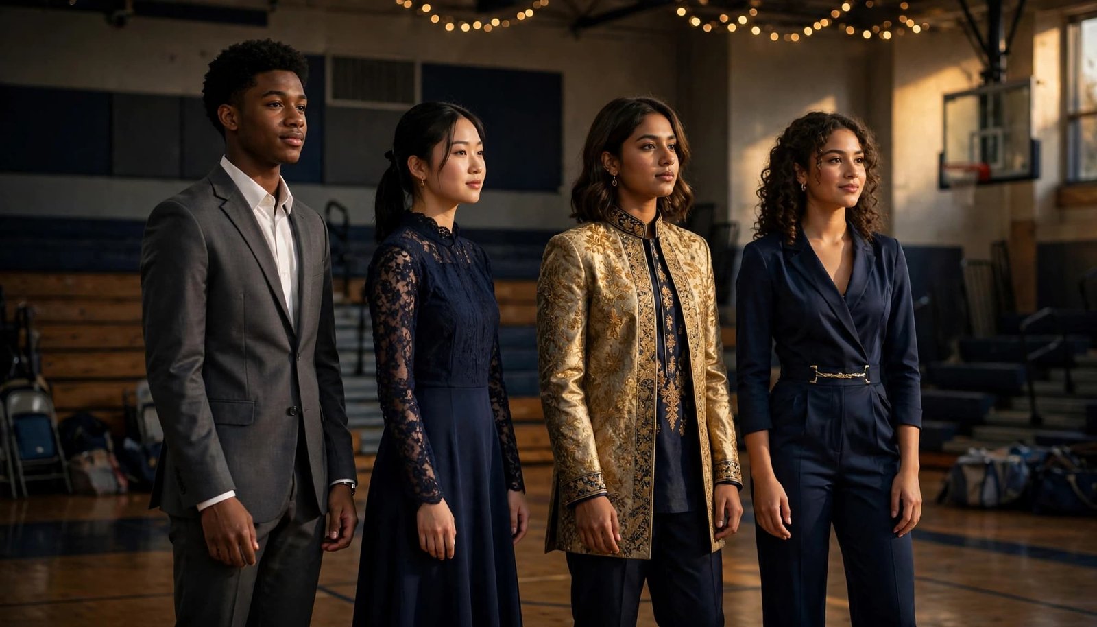Prom Dress Code Communication Guide for New Hampshire Schools Four students in different formal outfits stand in a school gym.