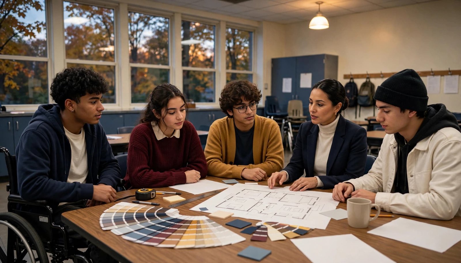 Five people plan a school prom around a table with swatches and floor plans.