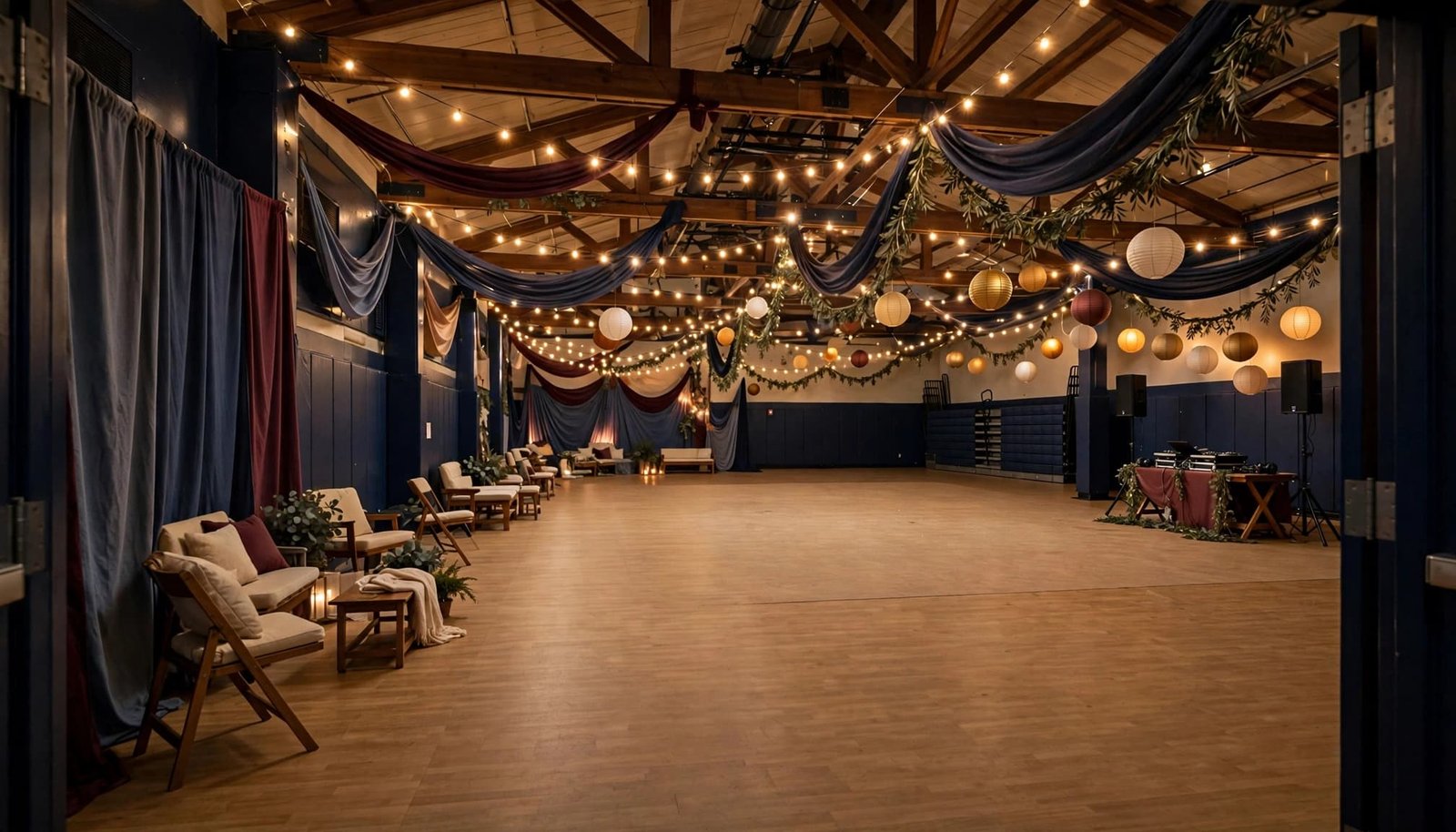 A decorated gym with an open dance route, accessible seating, and a curtained quiet corner.