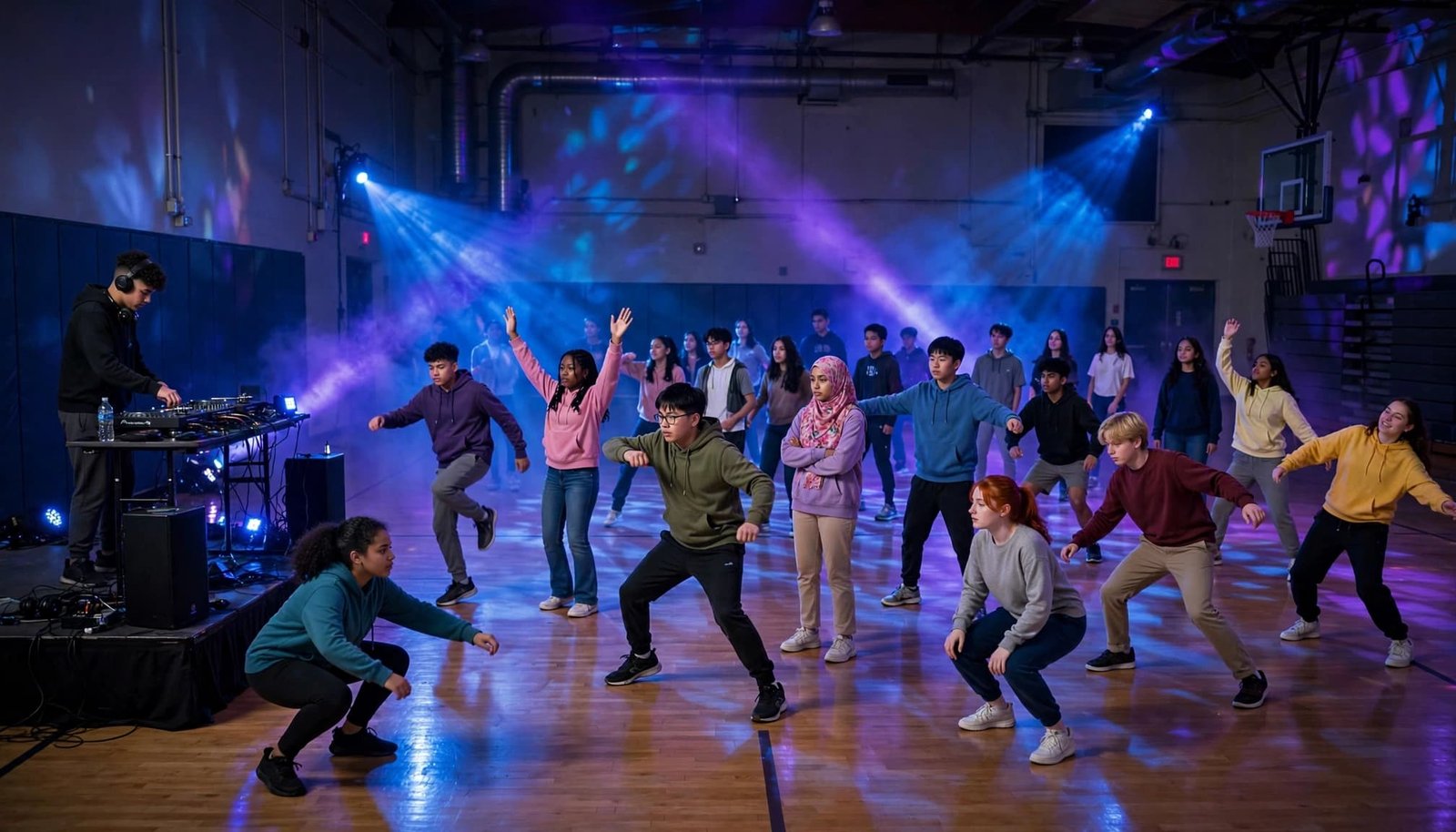 A school DJ leads diverse teenagers in a freeze dance across a brightly lit gym.