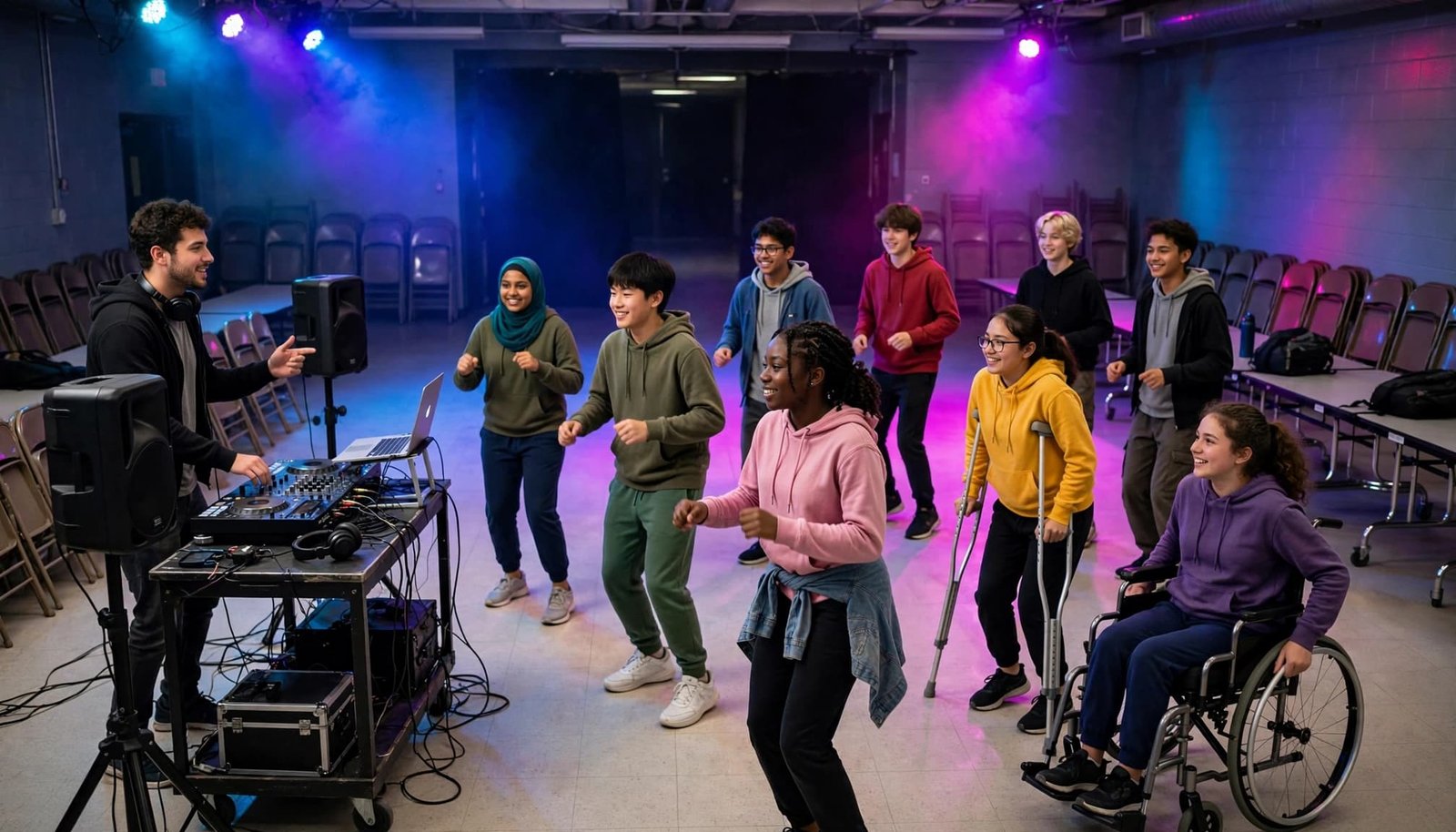 A DJ leads diverse students in a dance game across an open school hall.