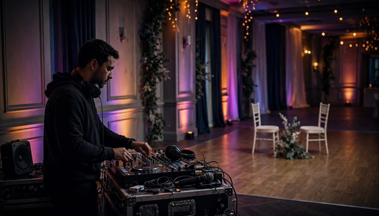 A wedding DJ beside audio equipment in an empty venue with rainbow lighting.