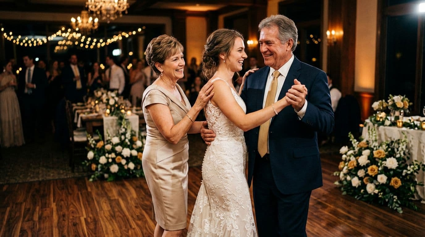 Three adults dance together beneath warm lights at a celebration.