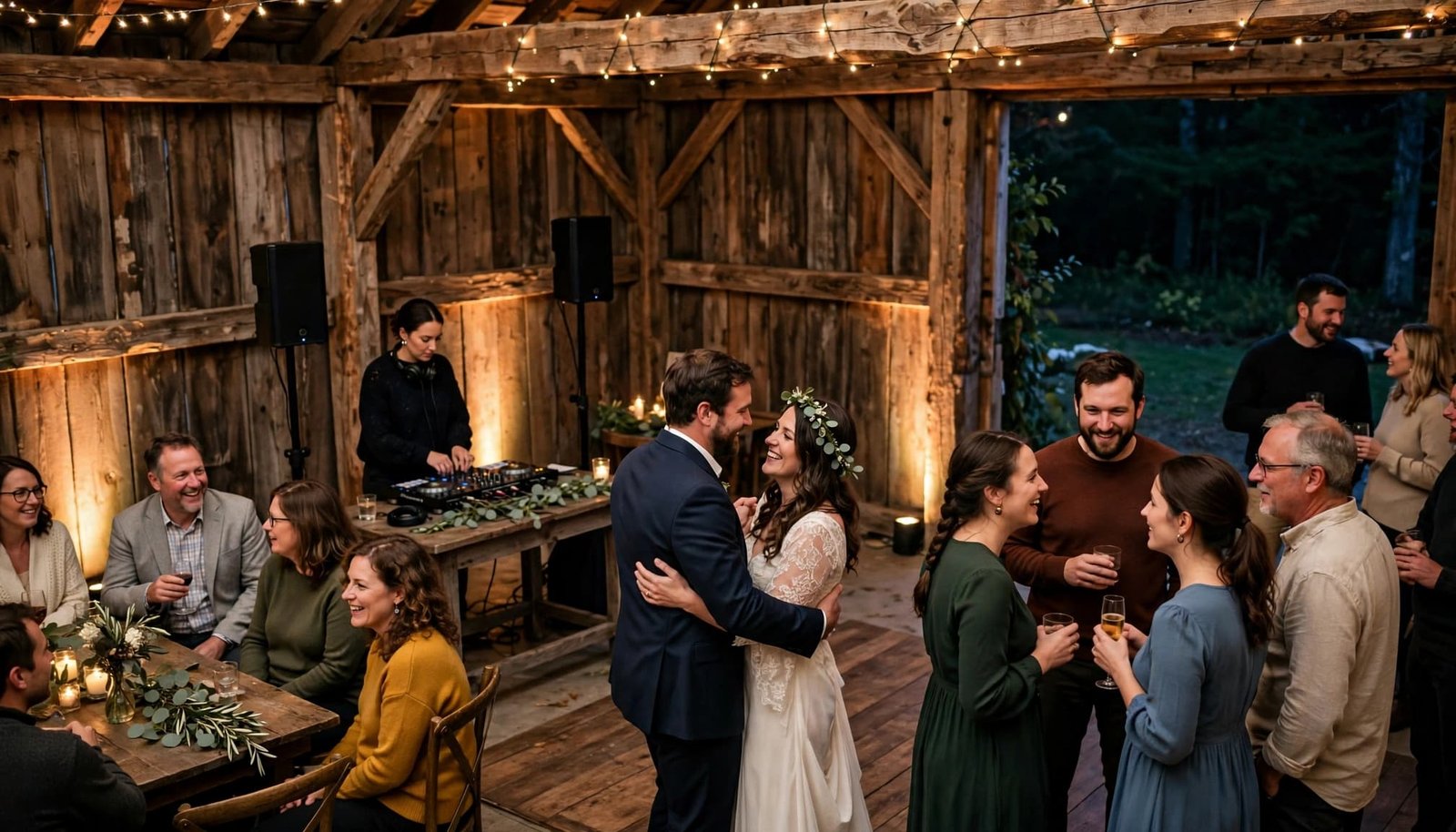 Micro Wedding DJ Ideas for a New Hampshire Celebration A couple and guests gather near a small dance floor in a warmly lit rustic barn.