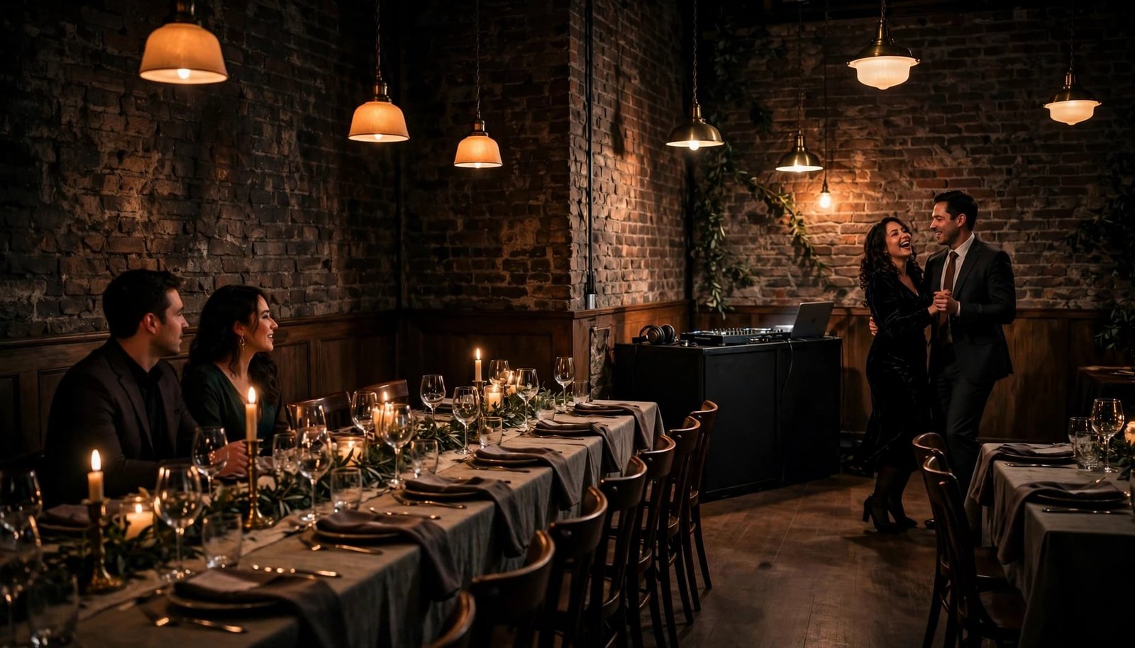 Restaurant Wedding DJ Planning: Sound, Space, and Flow Four guests enjoy a small dance area near a discreet DJ booth in a warmly lit restaurant.
