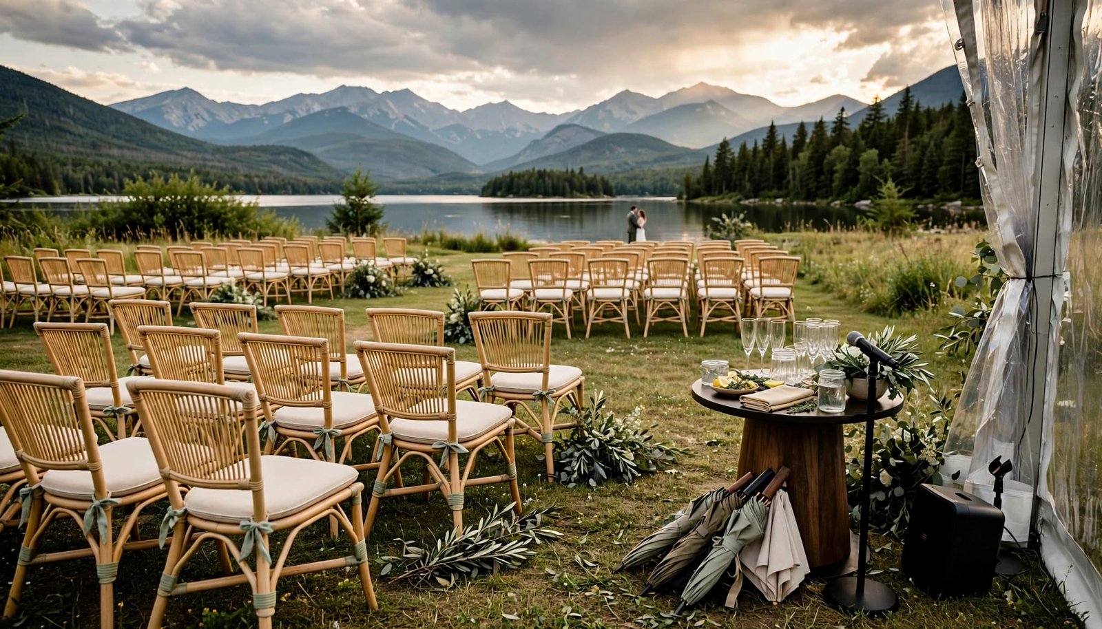 Micro Wedding DJ Ideas for a New Hampshire Celebration Lakeside wedding seating with a microphone, small speaker, mountains, and folded umbrellas.