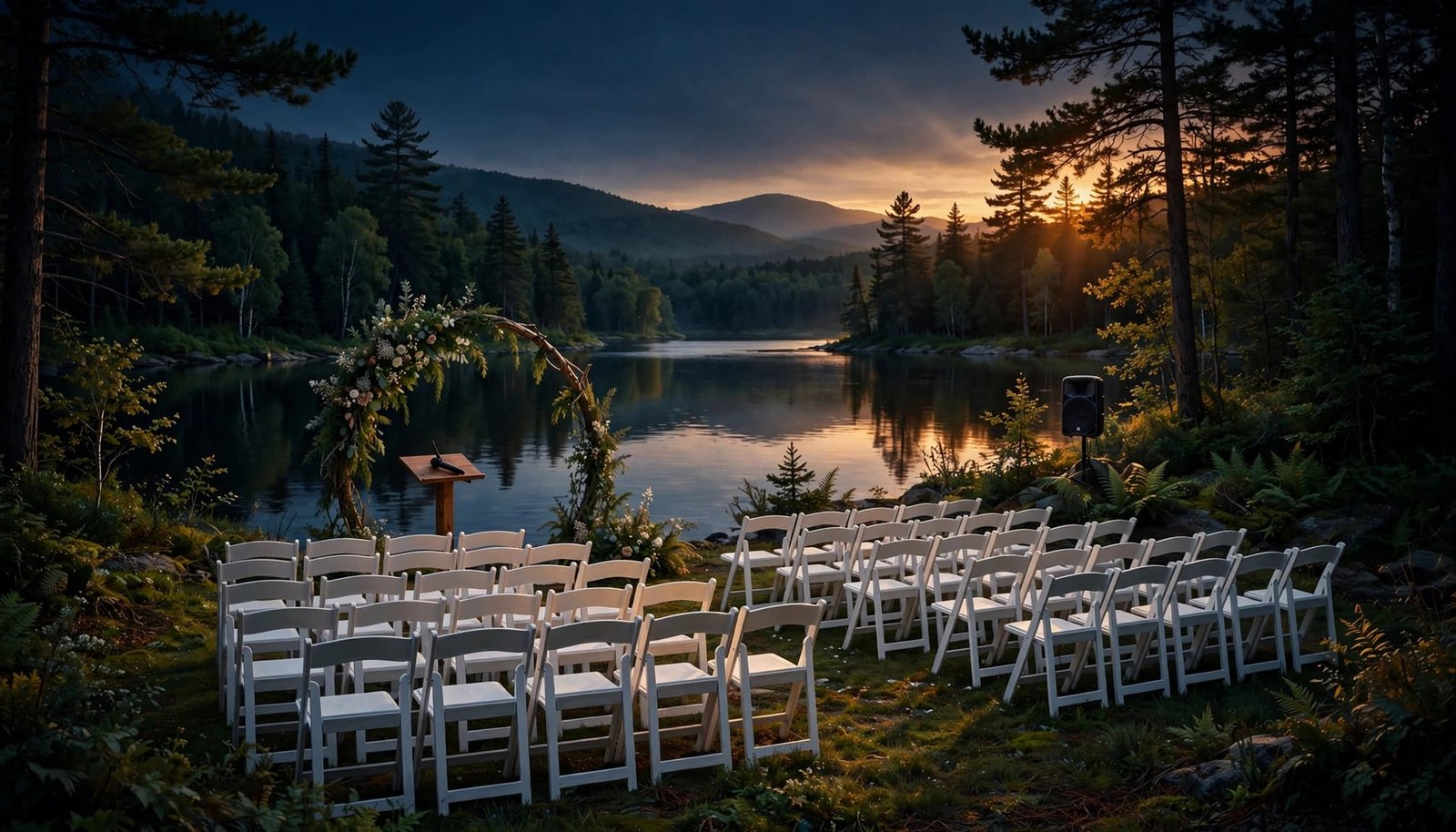 White chairs and a floral arch overlook a calm lake, with a speaker and microphone nearby.