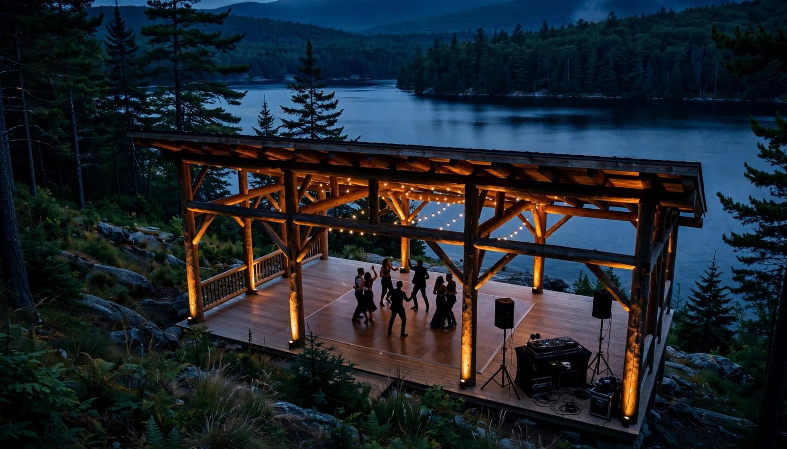 Six guests dance in a warmly lit pavilion beside a lake, with a DJ table and two speakers nearby.