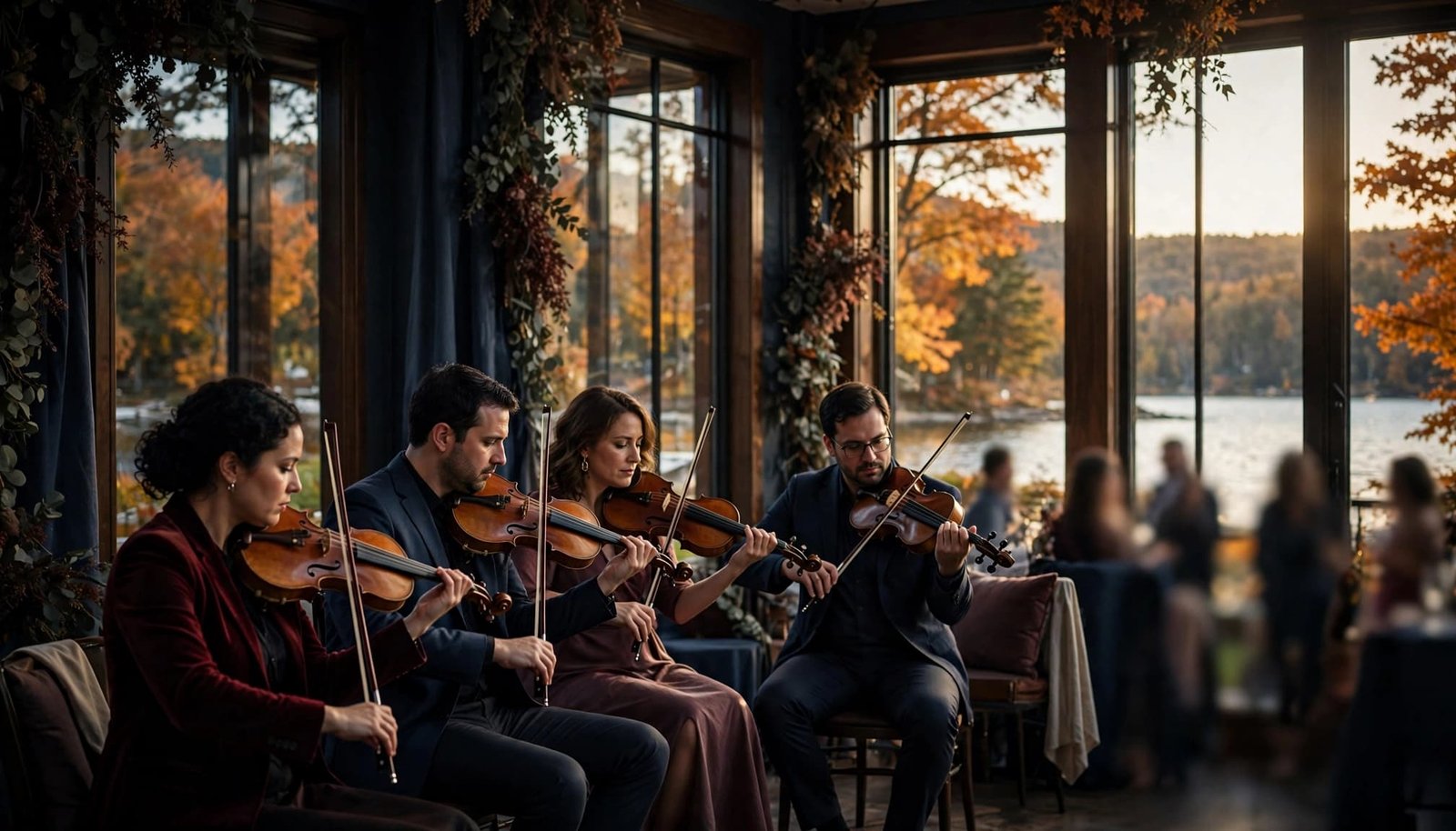 Four violinists perform beside tall windows overlooking a lake and autumn trees.