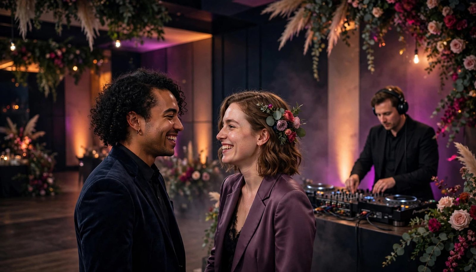 Two newlyweds celebrate as a DJ performs behind them.
